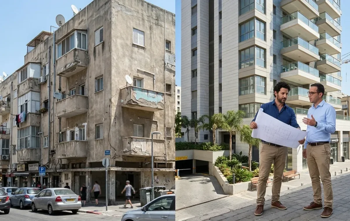 בניין מגורים ישן לצד בניין חדש ומודרני בניין מגורים ישן לצד בניין חדש ומודרני