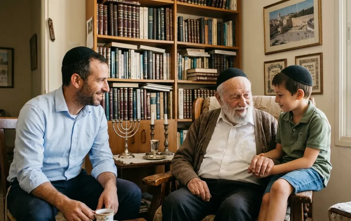 אב ובנו מבקרים את הסבא המבוגר בבית יהודי מסורתי אב ובנו מבקרים את הסבא המבוגר בבית יהודי מסורתי