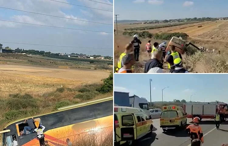 טראומה בכביש 1: אוטובוס הידרדר וסטה מהדרך. 40 נוסעים לכודים טראומה בכביש 1: אוטובוס הידרדר וסטה מהדרך. 40 נוסעים לכודים