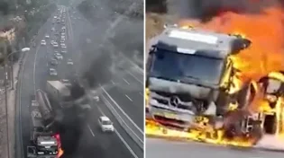 תיעוד חדש: הנהג בורח רגע לפני שהמשאית בוערת