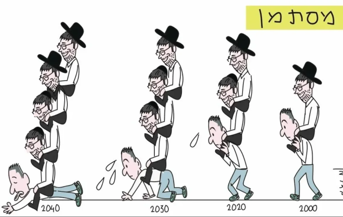 העיתונאי עמוס בידרמן פרסם ב'הארץ' קריקטורה בו נראה חילוני סוחב בחורי ישיבה - ועד 2040 -הוא כורע תחת הנטל.