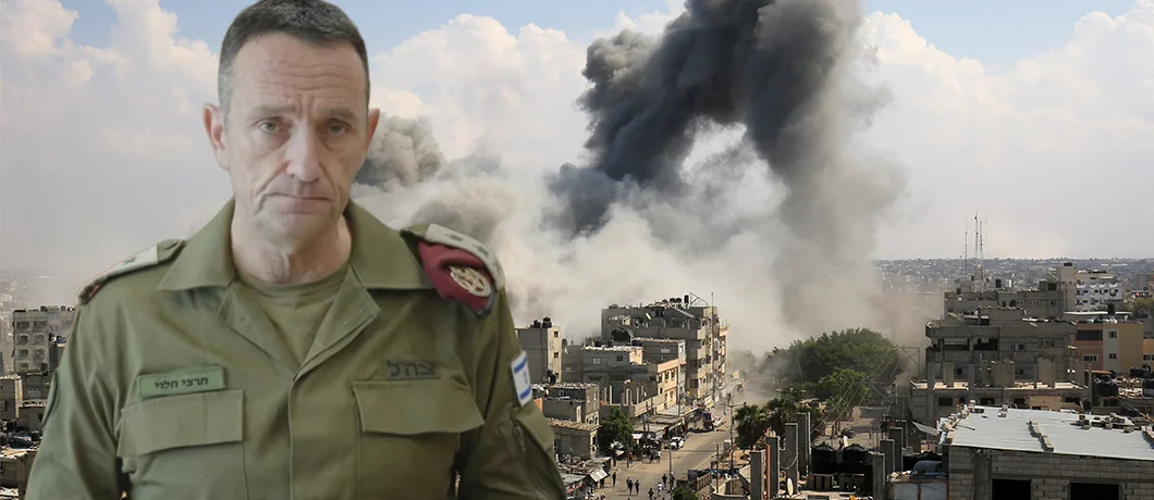 בתמונה: הרמטכ"ל רב אלוף הרצי הלוי וברקע העיר עזה