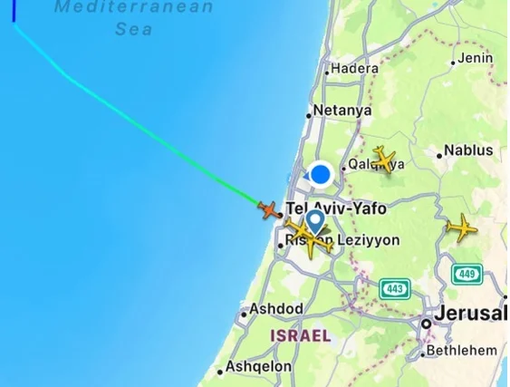 צילום מסך מתוך "Flight Radar" שמראה את מסלול הטיסה. צילום מסך מתוך "Flight Radar" שמראה את מסלול הטיסה.