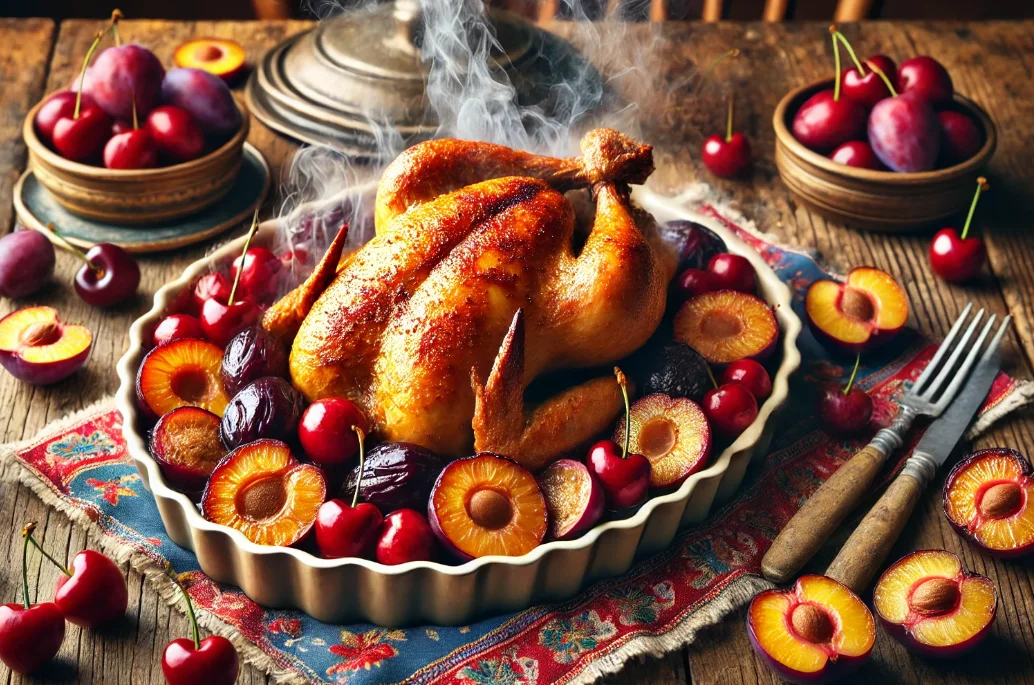 מתכון לעוף חגיגי בתנור עם דובדבנים ושזיפים