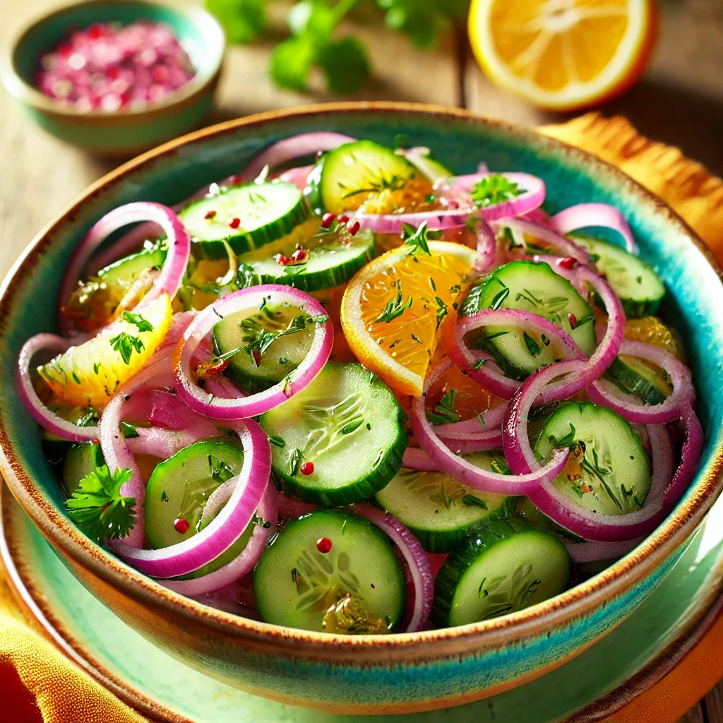 סלט מלפפונים ובצל סגול עם רוטב הדרים