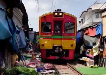 רכבת עוברת בשוק בכפר בתיאלנד 