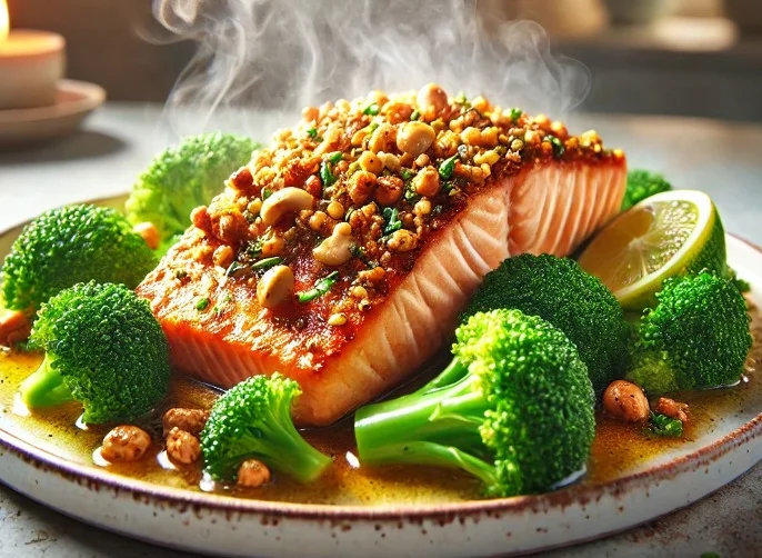 דג סלמון בציפוי אגוזים מארבעה רכיבים דג סלמון בציפוי אגוזים מארבעה רכיבים