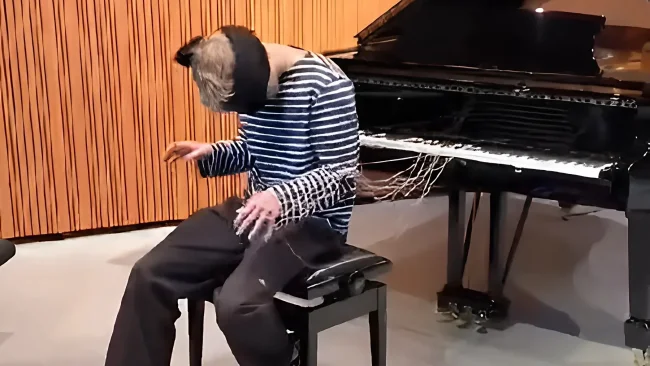 אמיתי או טריק? אדם מנגן עם הגב לפסנתר ועיניים עצומות - בעזרת חוטים