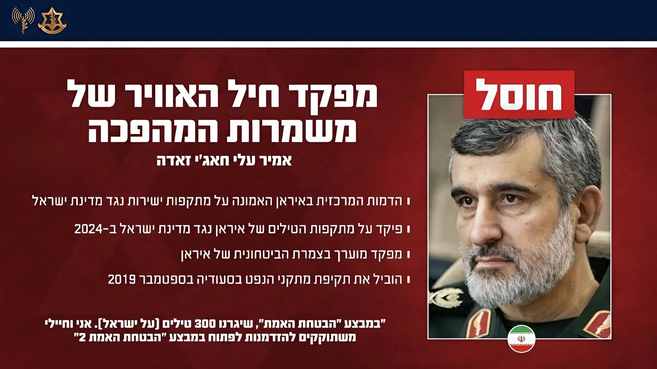 צה"ל מודיע – אמיר עלי חאג'יזאדה, מפקד זרוע האוויר של משמרות המהפכה, חוסל