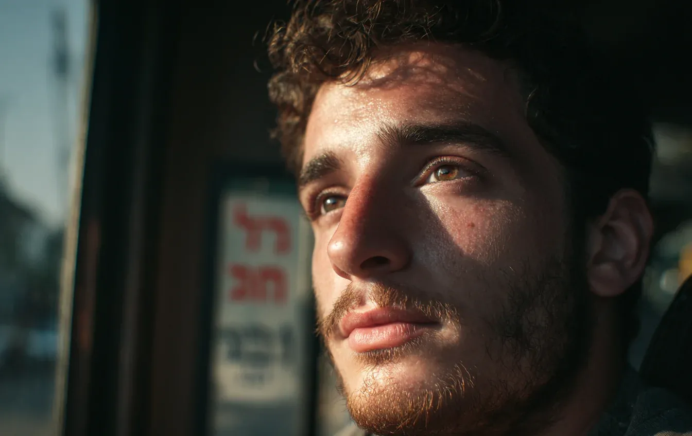 נער באוטובוס מביט בהתרגשות נער באוטובוס מביט בהתרגשות