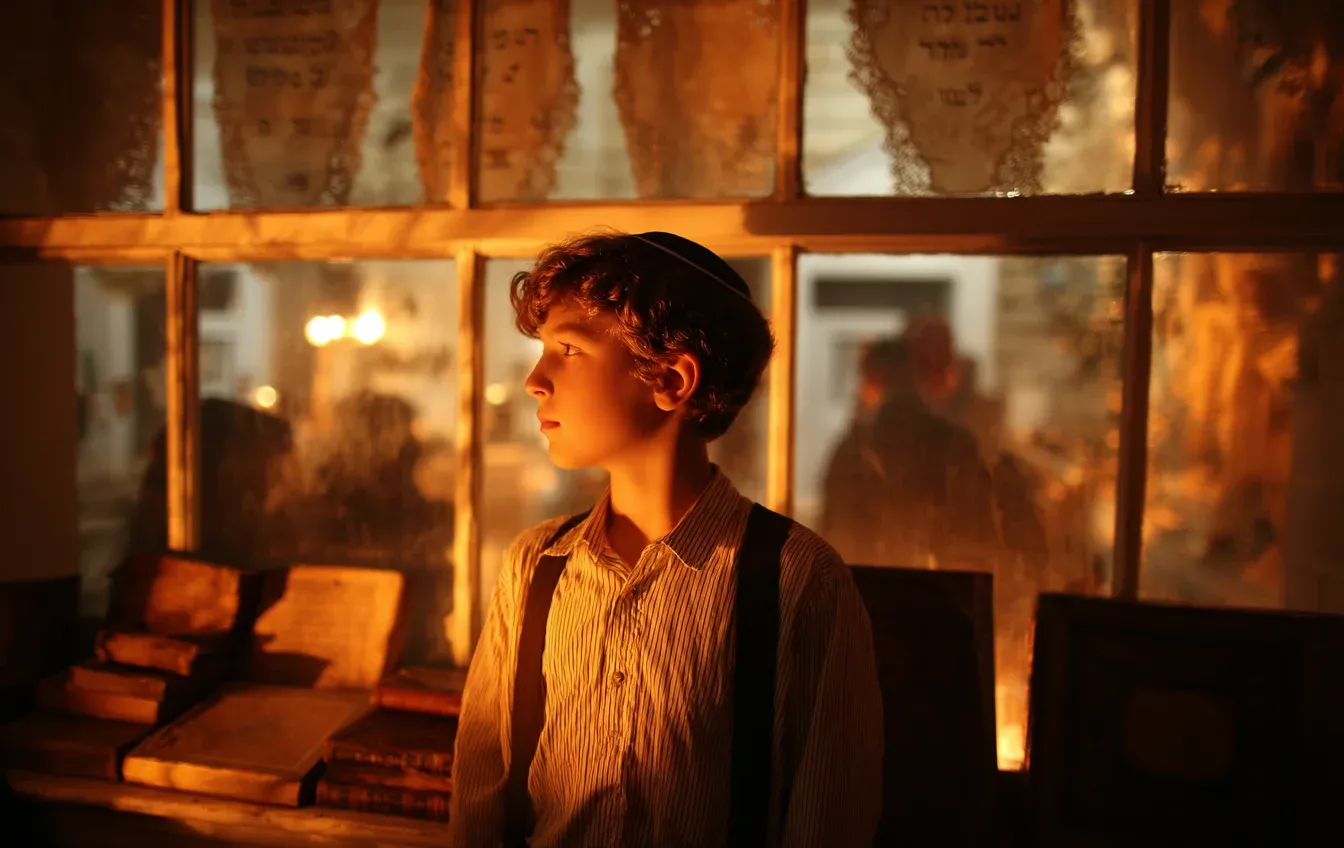 נער צעיר עומד ליד חלון בית כנסת ומתבונן במתפללים המתנדנדים נער צעיר עומד ליד חלון בית כנסת ומתבונן במתפללים המתנדנדים