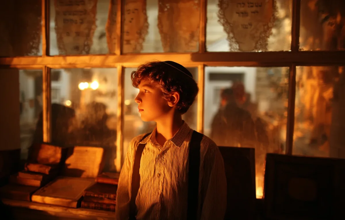 נער צעיר עומד ליד חלון בית כנסת ומתבונן במתפללים המתנדנדים נער צעיר עומד ליד חלון בית כנסת ומתבונן במתפללים המתנדנדים
