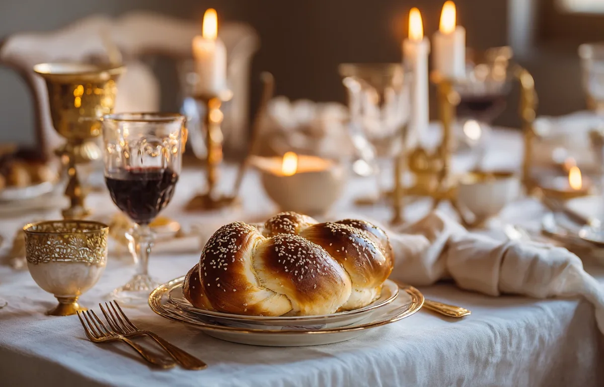 שולחן שבת ערוך עם מפה לבנה אלגנטית, פמוטים, חלות ויין בעיצוב יוקרתי ואווירה מסורתית