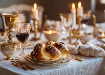 שולחן שבת ערוך עם מפה לבנה אלגנטית, פמוטים, חלות ויין בעיצוב יוקרתי ואווירה מסורתית