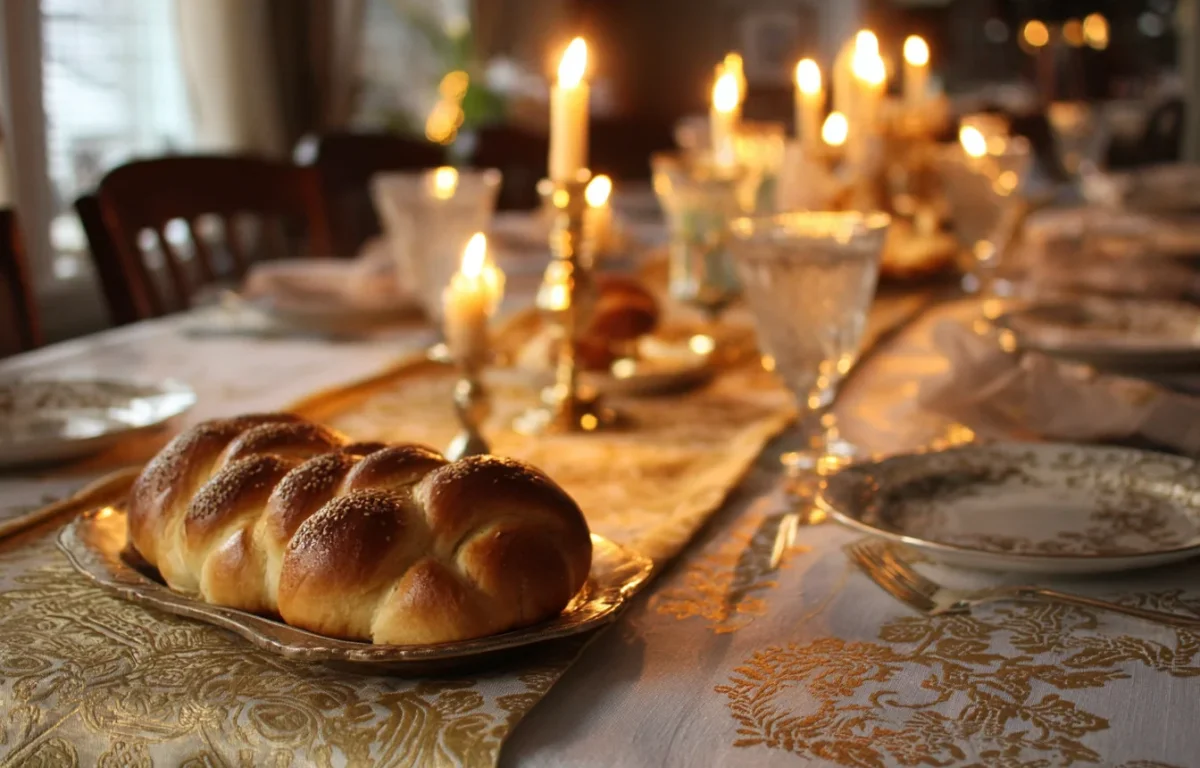 שולחן שבת עם ראנר מוזהב ומפה לבנה - שילוב מנצח לאווירה של כבוד ויוקרה