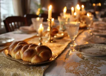 שולחן שבת עם ראנר מוזהב ומפה לבנה - שילוב מנצח לאווירה של כבוד ויוקרה