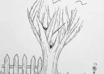 ציור של עץ גבוה ללא עלים עם גדר ציפורים ופרח בודד שמסמל ילד רגיש שמחפש אומץ להרגיש ולבטא את עולמו הפנימי