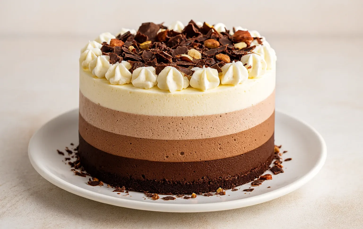 קינוח טריקולד בשלוש שכבות של שוקולד מריר, שוקולד חלב וקצפת וניל על צלחת חגיגית קינוח טריקולד בשלוש שכבות של שוקולד מריר, שוקולד חלב וקצפת וניל על צלחת חגיגית