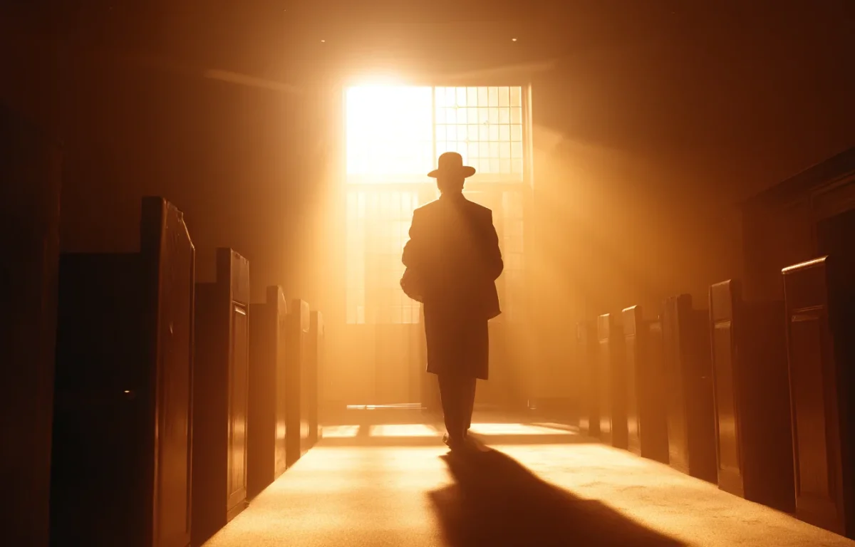 שליח יהודי נכנס לבית כנסת עם אור של שליחות וזיכוי הרבים בידיו