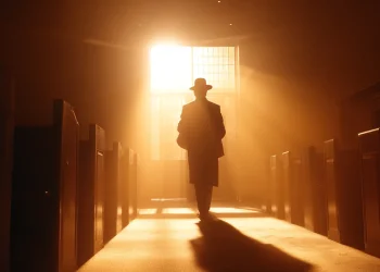 שליח יהודי נכנס לבית כנסת עם אור של שליחות וזיכוי הרבים בידיו