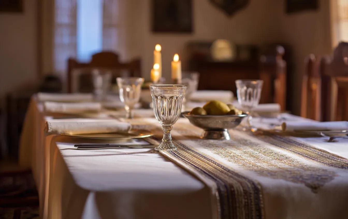 שולחן שבת מסורתי עם מפה לבנה, ראנר אלגנטי שולחן שבת מסורתי עם מפה לבנה, ראנר אלגנטי