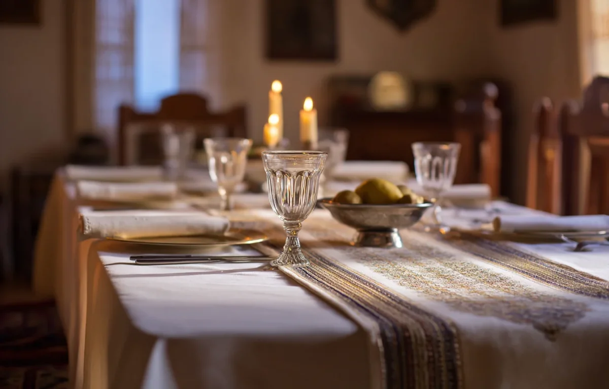 שולחן שבת מסורתי עם מפה לבנה, ראנר אלגנטי