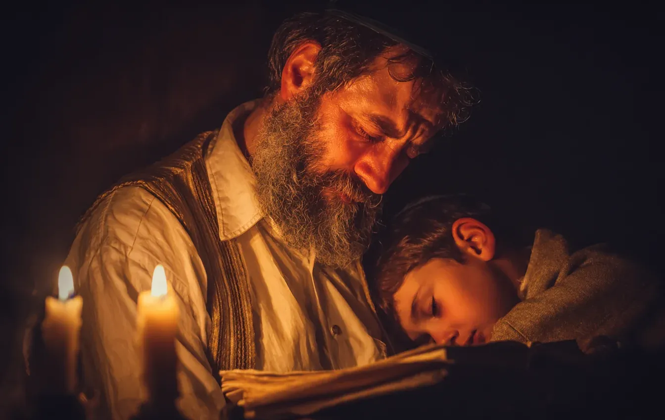 אבא יהודי מתפלל תהילים בבכי ליד מיטת בנו בלילה אבא יהודי מתפלל תהילים בבכי ליד מיטת בנו בלילה