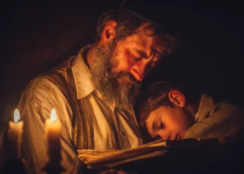 אבא יהודי מתפלל תהילים בבכי ליד מיטת בנו בלילה