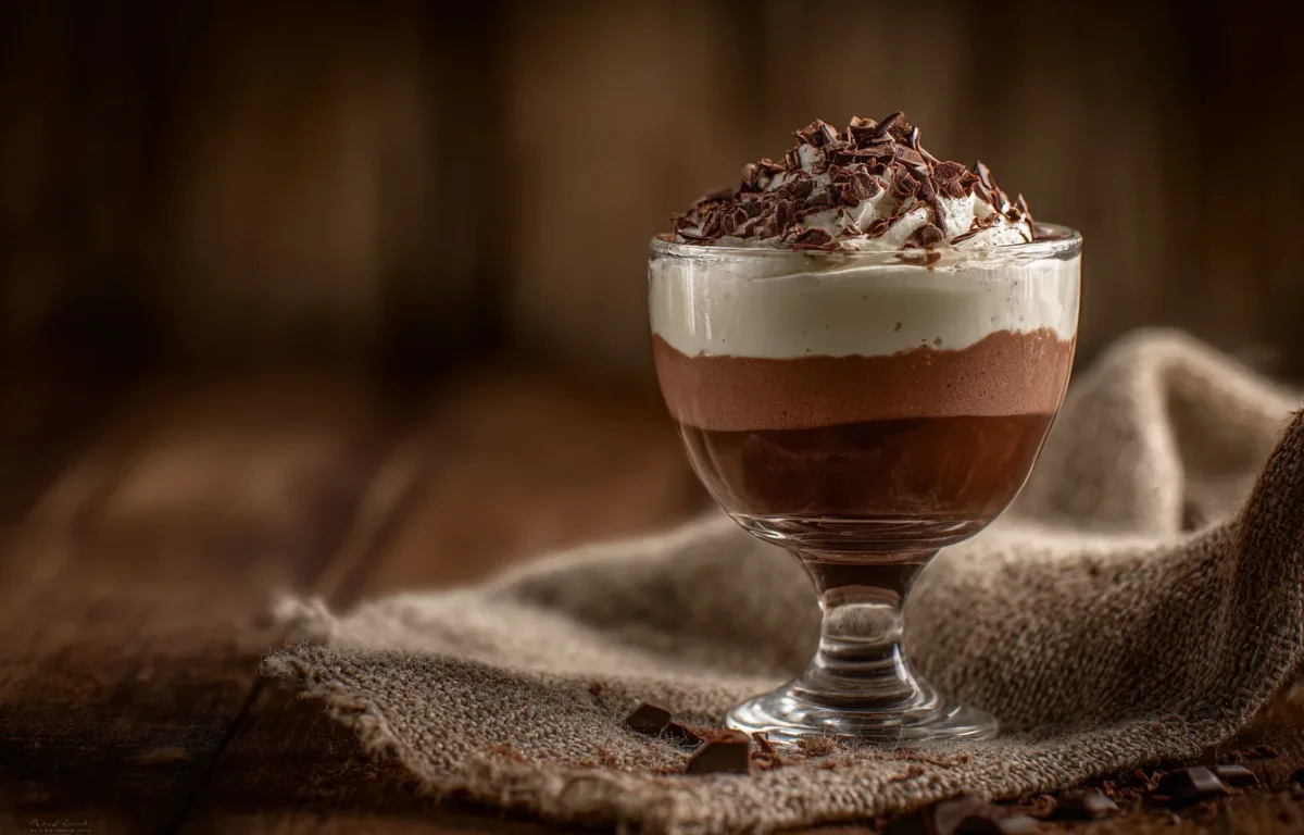 קינוח טריקולד בשלוש שכבות של שוקולד מריר, שוקולד חלב וקצפת וניל על צלחת חגיגית קינוח טריקולד בשלוש שכבות של שוקולד מריר, שוקולד חלב וקצפת וניל על צלחת חגיגית