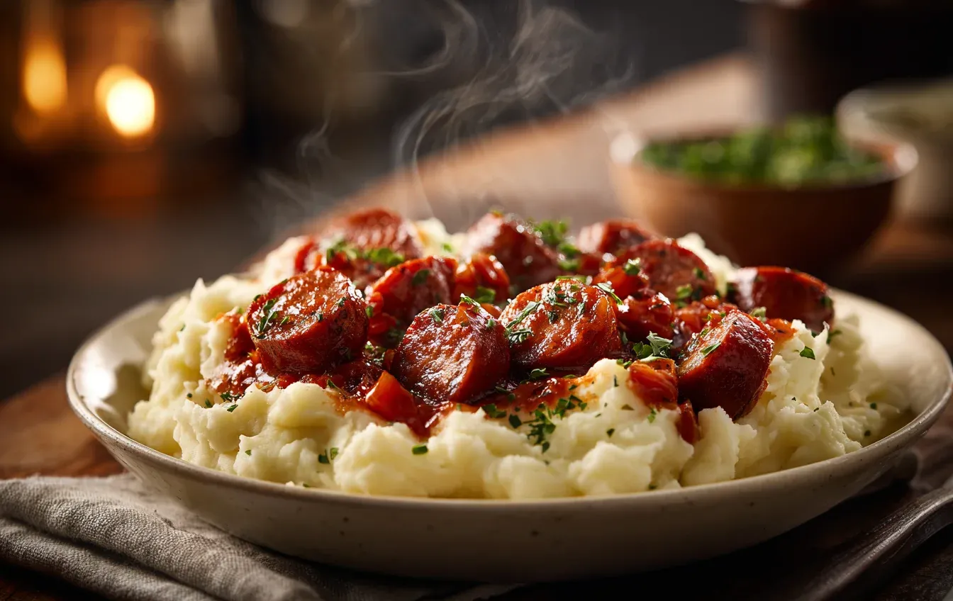 פירה תפוחי אדמה ונקניקיות ברוטב עגבניות | המתכון שעובד תמיד פירה תפוחי אדמה ונקניקיות ברוטב עגבניות | המתכון שעובד תמיד