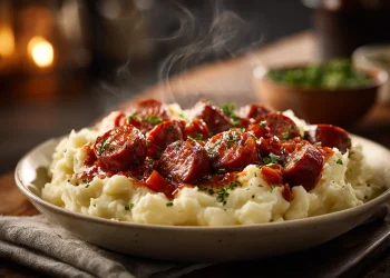 פירה תפוחי אדמה ונקניקיות ברוטב עגבניות | המתכון שעובד תמיד