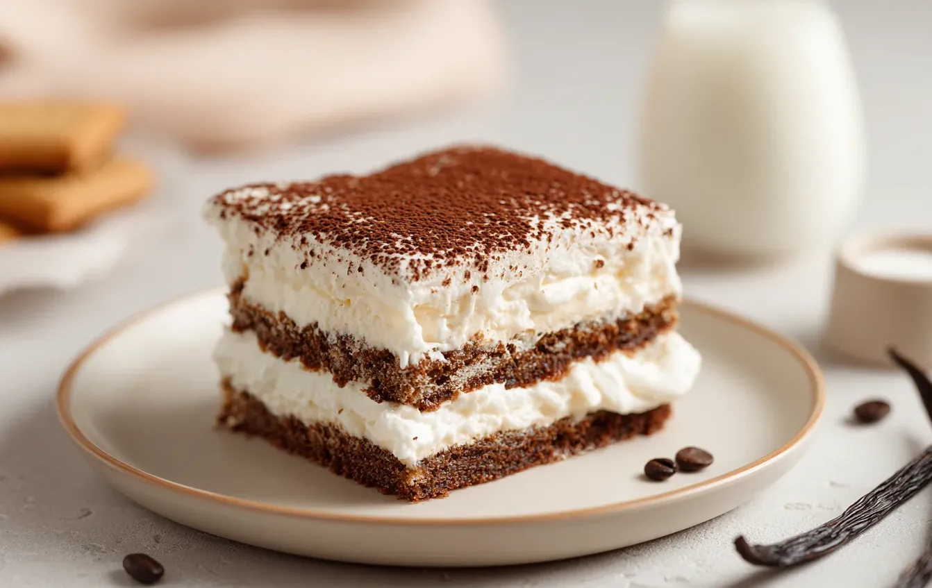 עוגת ביסקוויטים עשירה בחלבון עם שכבות קרם וניל וקקאו מעל