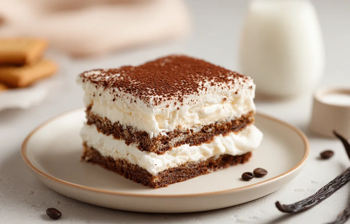 עוגת ביסקוויטים עשירה בחלבון עם שכבות קרם וניל וקקאו מעל