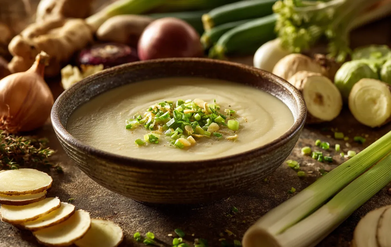 מרק ארטישוק ירושלמי קרמי ומעוטר בבצל ירוק בקערה חמה