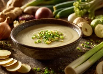 מרק ארטישוק ירושלמי קרמי ומעוטר בבצל ירוק בקערה חמה