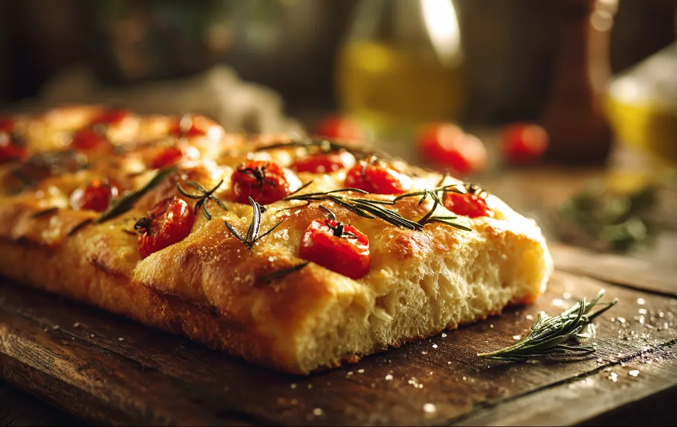 פוקאצ׳ה ביתית זהובה ורכה עם שמן זית ומלח גס על רקע כפרי