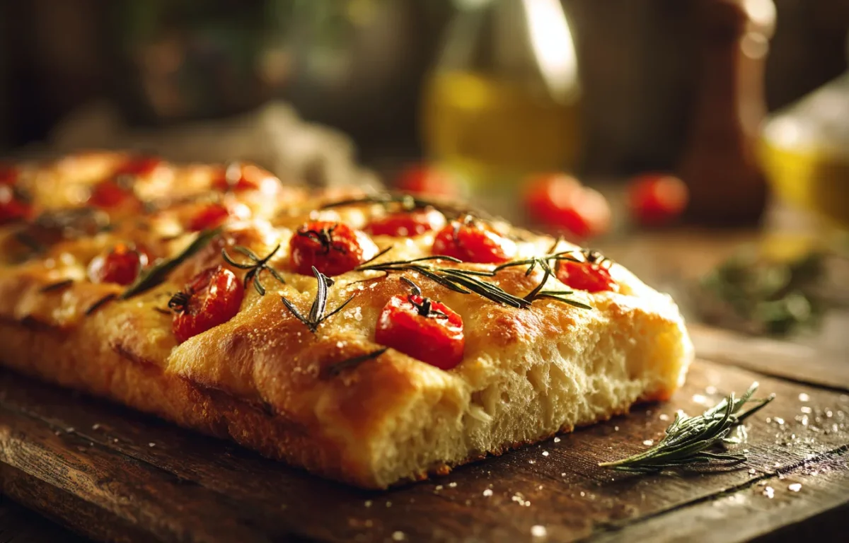 פוקאצ׳ה ביתית זהובה ורכה עם שמן זית ומלח גס על רקע כפרי