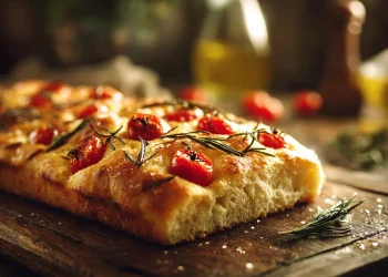 פוקאצ׳ה ביתית זהובה ורכה עם שמן זית ומלח גס על רקע כפרי