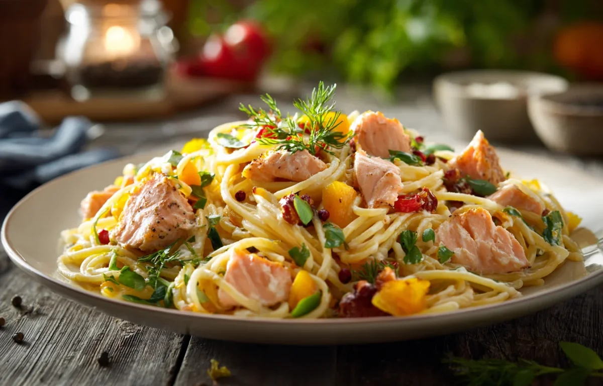 פסטה עם סלמון רך וירקות צבעוניים במנה ביתית חמה פסטה עם סלמון רך וירקות צבעוניים במנה ביתית חמה