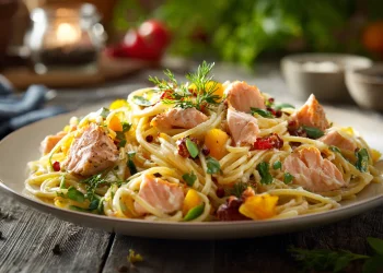 פסטה עם סלמון רך וירקות צבעוניים במנה ביתית חמה פסטה עם סלמון רך וירקות צבעוניים במנה ביתית חמה