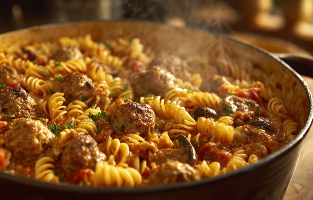 קדירת פסטה עם כדורי בשר ורוטב פורצ'יני