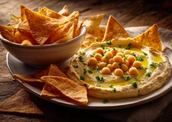 "נשנוש מנצח": צ׳יפס טורטייה קריספי עם חומוס ביתי מושלם