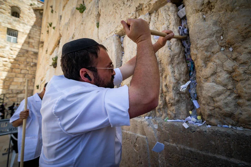 ניקיון אבני הכותל (צילום: Yonatan Sindel/Flash90)