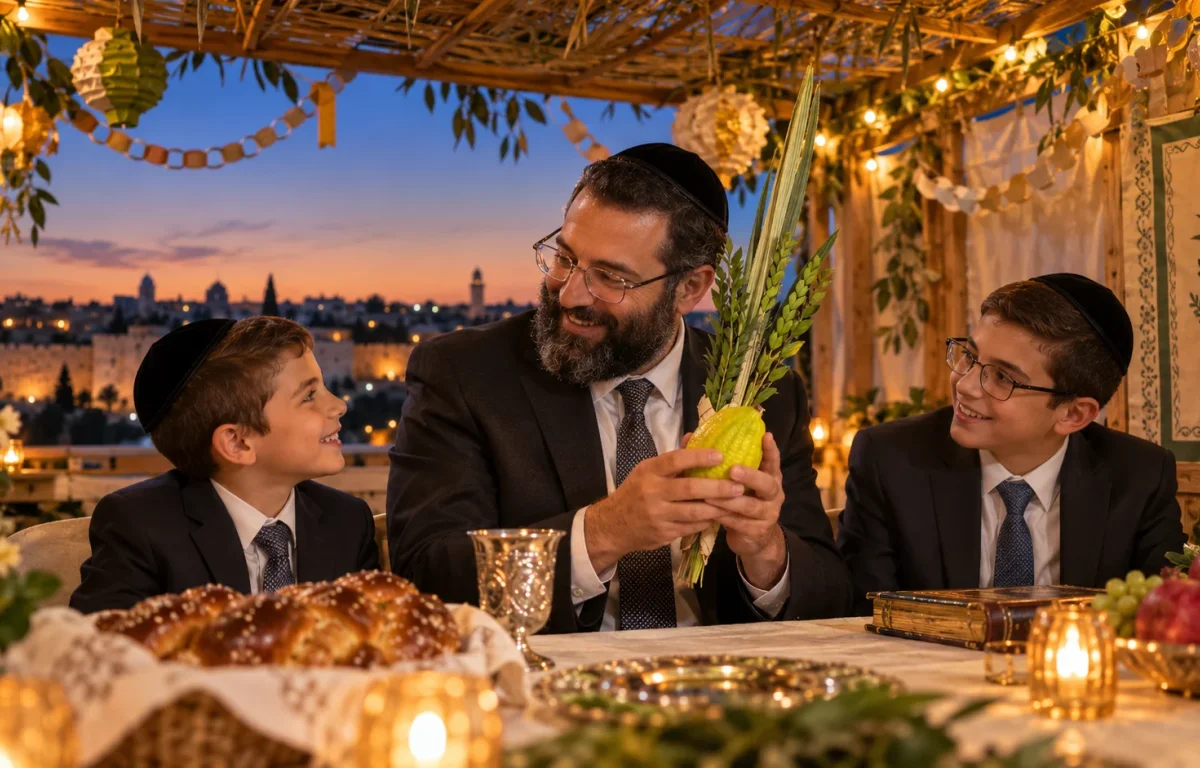 אב ובניו שמחים בסוכה