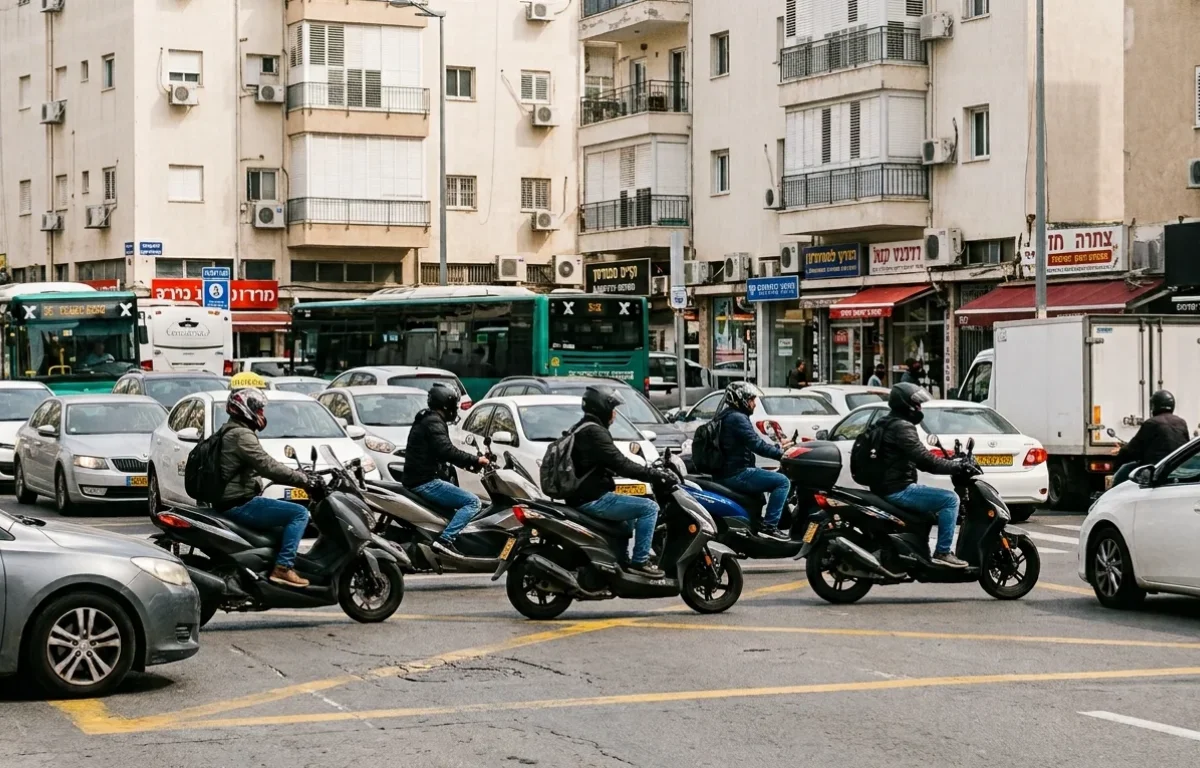 רוכבי קטנוע במרכז עיר עמוסה כלי רכב