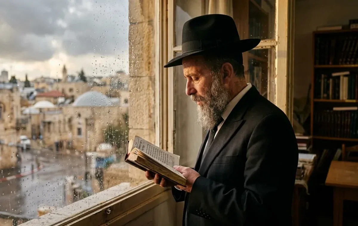 יהודי מתפלל בחלון עם רקע גשום יהודי מתפלל בחלון עם רקע גשום