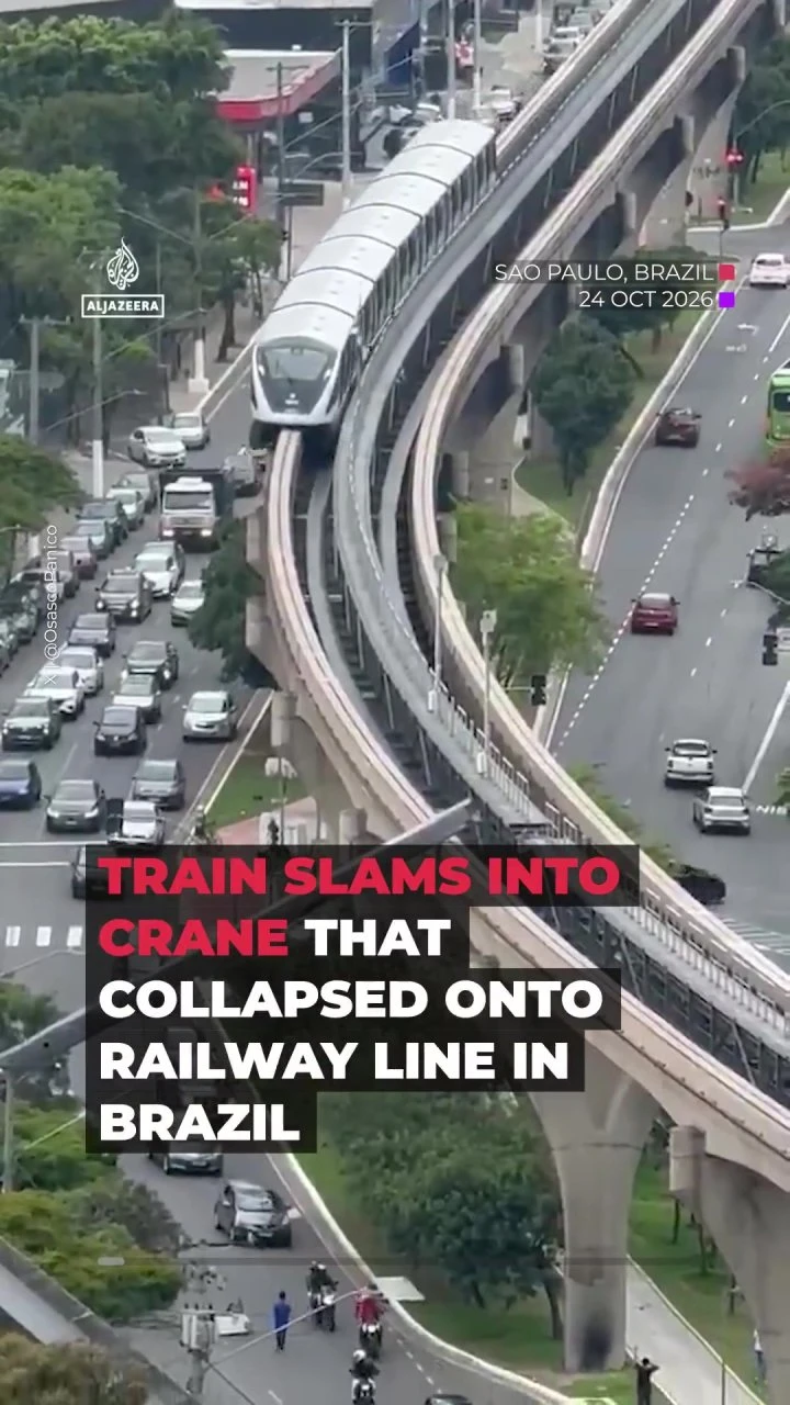 סאן פאולו: רכבת פוגעת במנוף שקורס על כביש סואן.