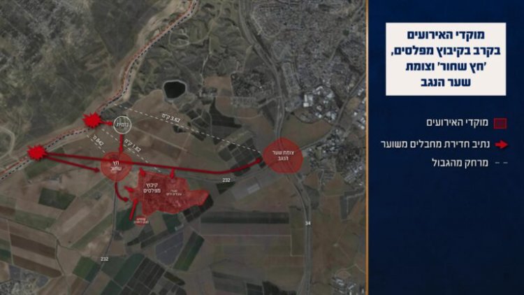 מפה המציגה את האירועים במהלך הקרב בקיבוץ מפלסים, ׳חץ שחור׳ וצומת שער הנגב (צילום: דובר צה"ל)