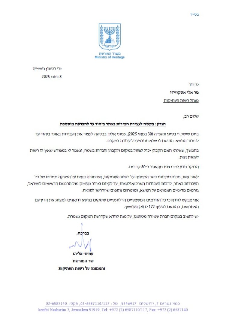 סערת הקברים באתר הבנייה ביהוד: השר עמיחי אליהו הורה - עצרו מיד את עבודות הבנייה