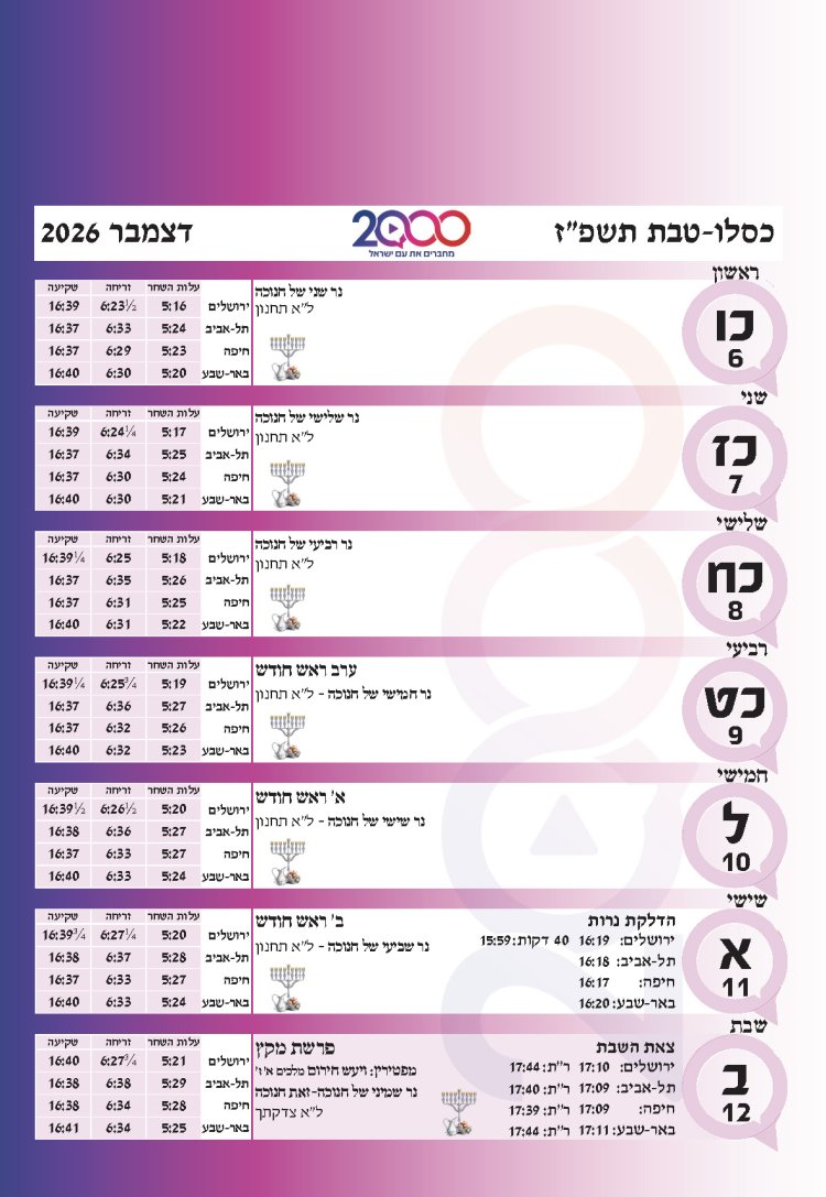 לוח שנתי עברי לועזי לשנת תשפ"ז 2026 - 2027